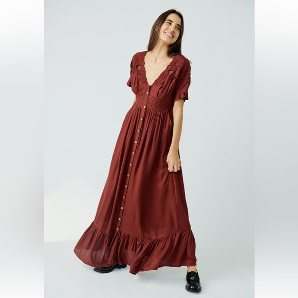 Free People Collette Floral Embroidered Rustic Brown Cinnamon Maxi Dress S - Picture 2 of 16